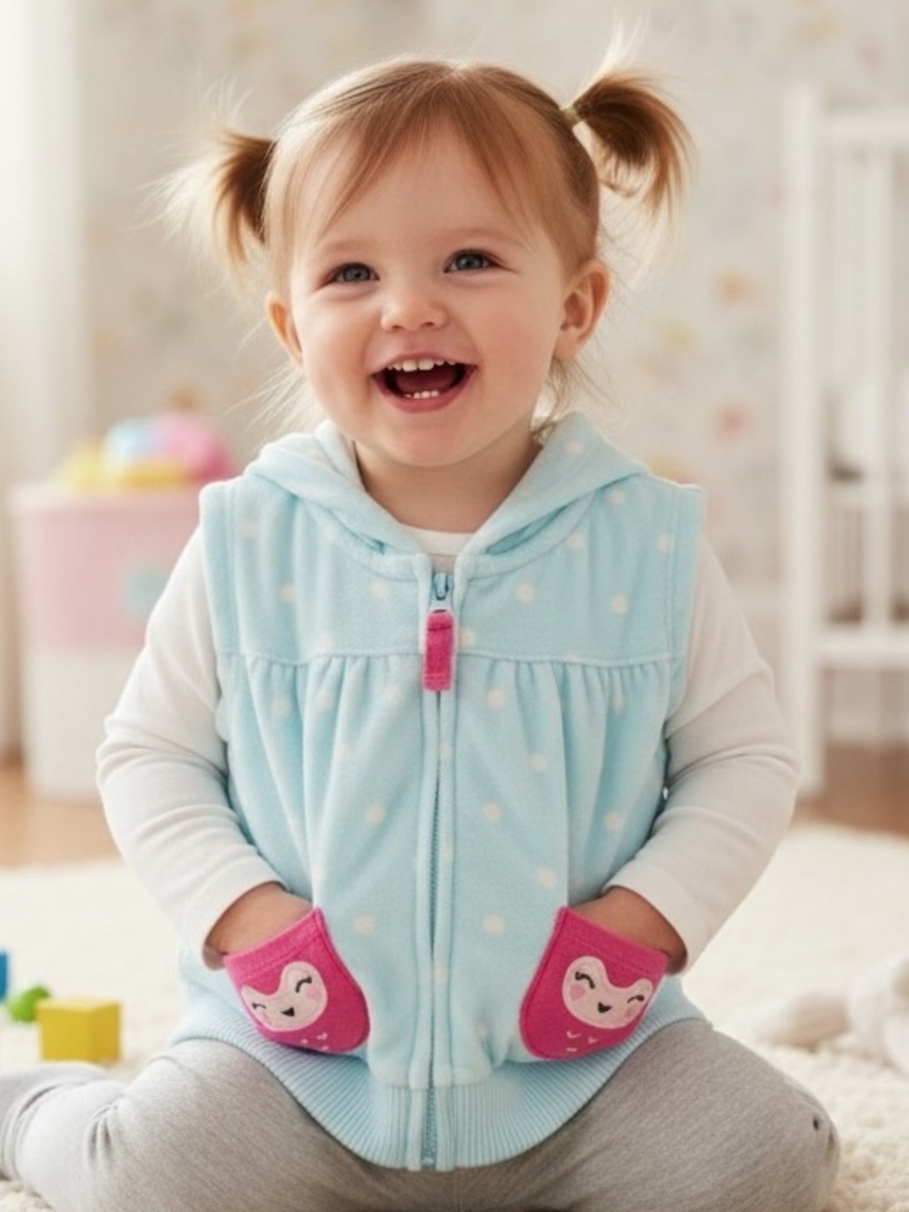 Carter's Light Blue Polka Dot Hooded Vest with Pink Pocket Accents